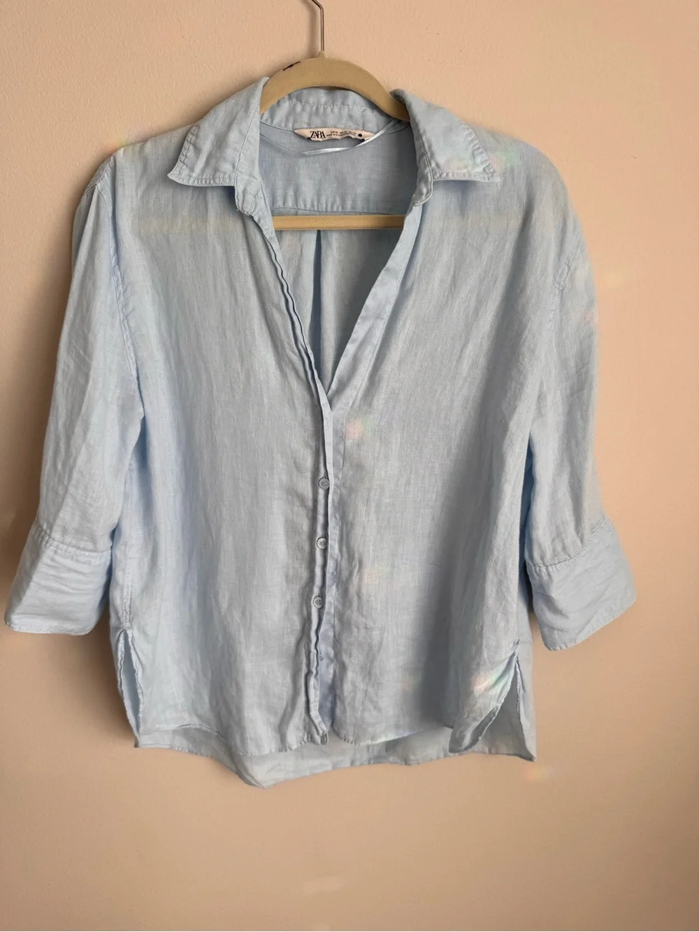 Zara 100% Linen Button Front Shirt Light Blue Oversized XS Coastal Chic - Picture 3 of 7